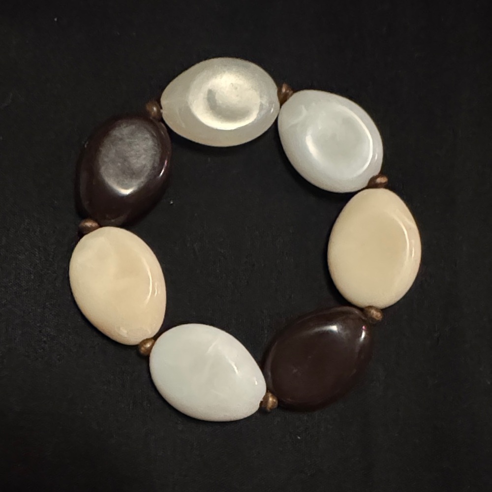 Beaded Stretch Bracelet | Cream & Brown Oval Beads Boho Statement Jewelry